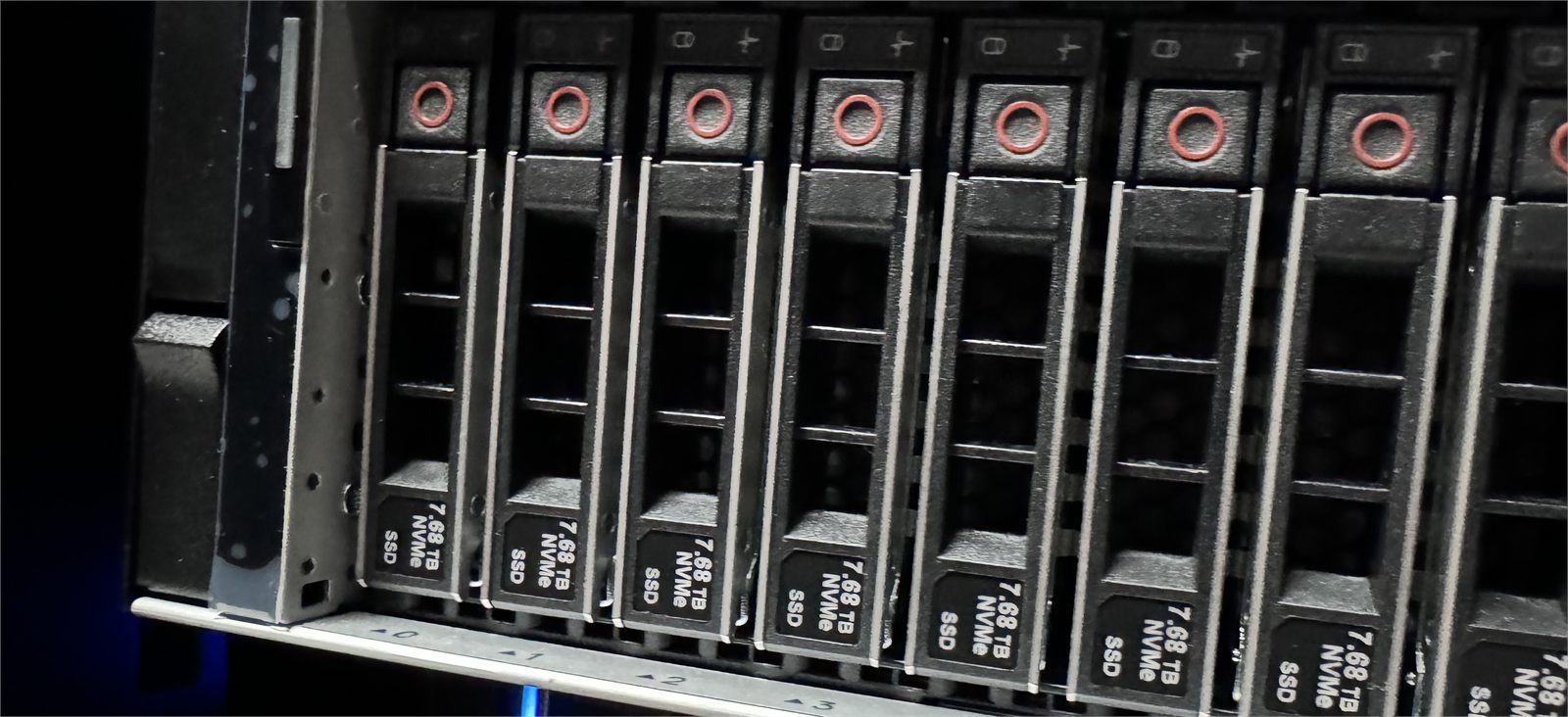Row of hot-swap NVMe drives in a Dell server